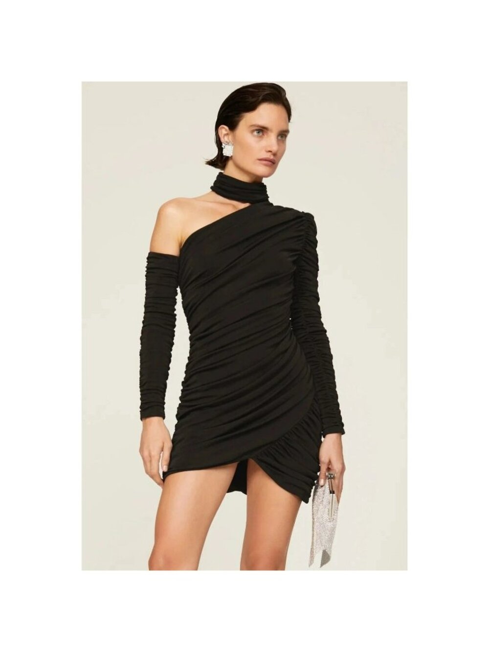 Aliette $995 Black Ruched One Shoulder Mini Dress Cocktail Special Occasion
